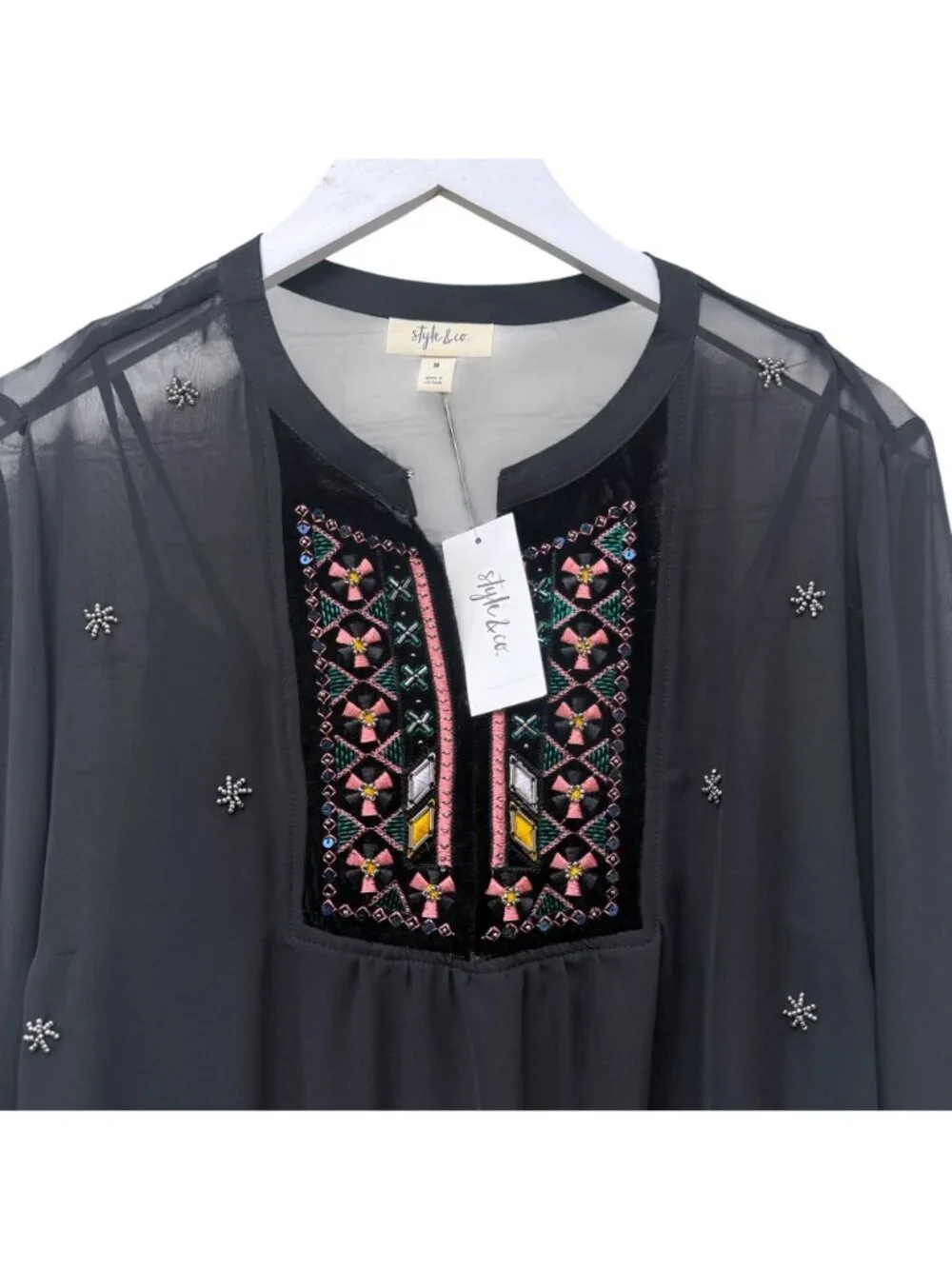 Style & Co Boho Blouse Size Medium Black Embroidered Chiffon Womens Top NWT - Picture 2 of 11